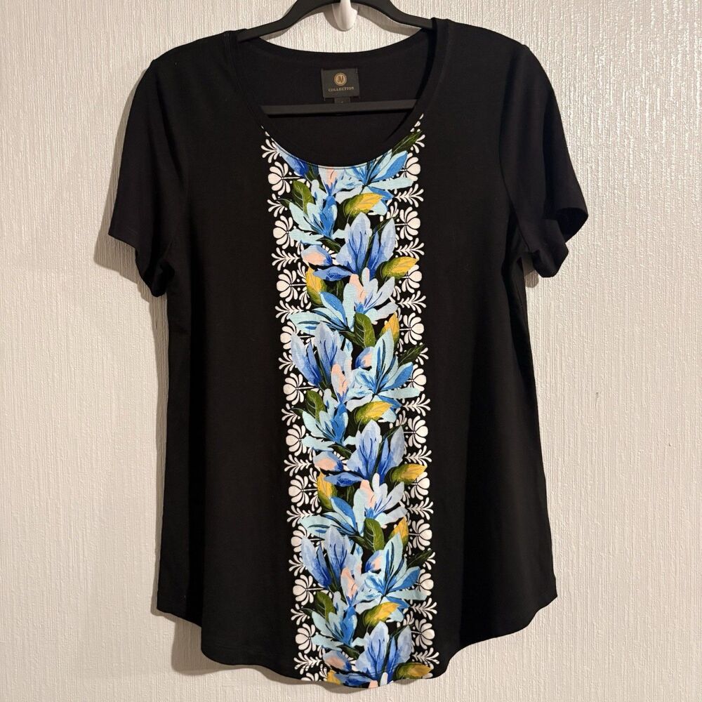 JM Collection Black Blue Flowers Stripe T Shirt Comfy Casual Business Women’s S